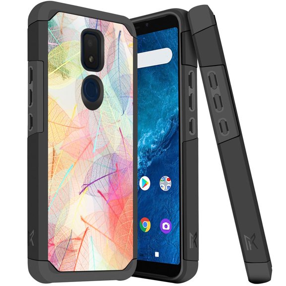 ANJ  Slim Dual Layer Hybrid Shockproof Case   Tempered Glass Cover for Cricket Icon 3, Splendor, AT&T Motivate 2 - Colorful Leaves
