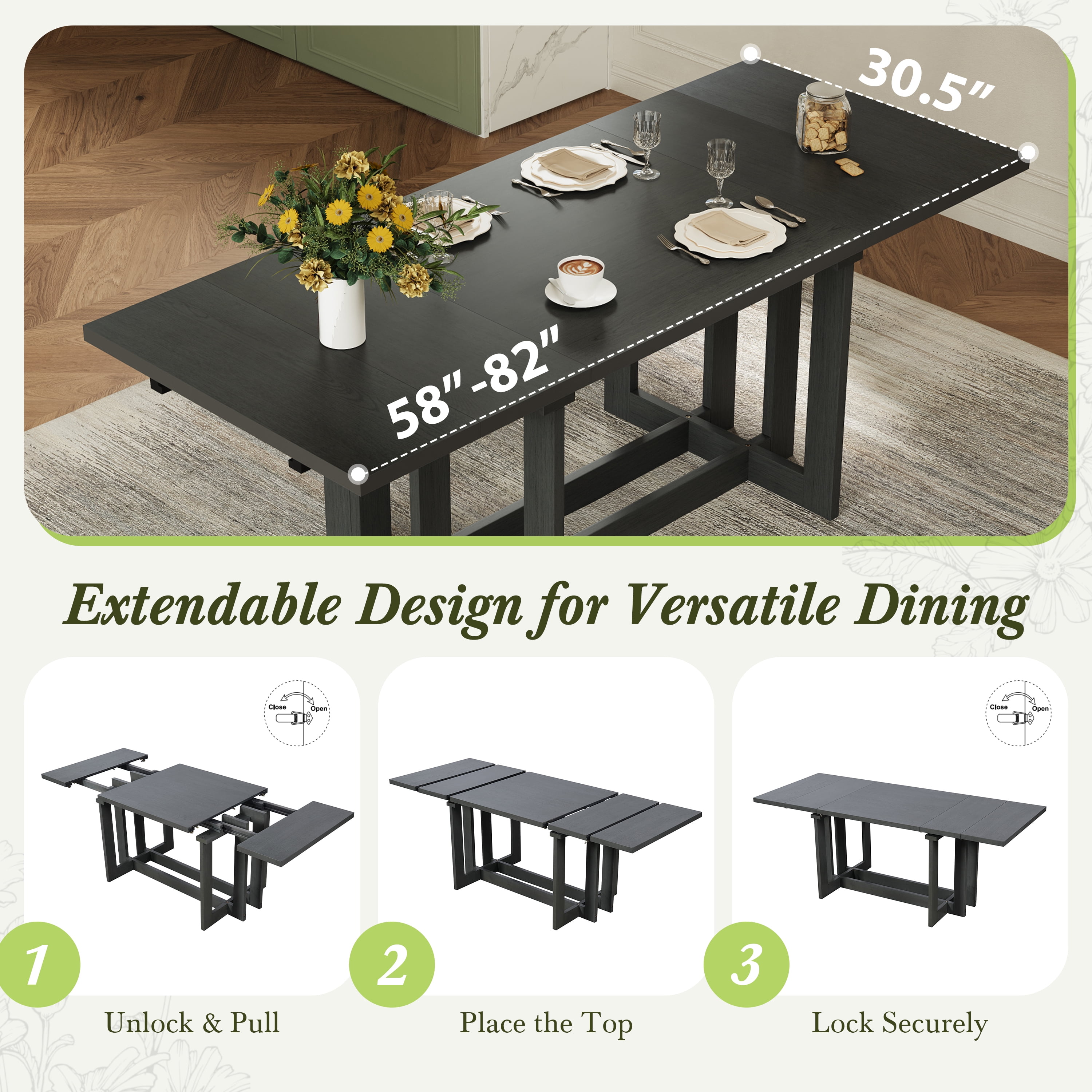 Euroco 58"-82" Extendable Dining Table for 6, Large Rectangular Kitchen Table with Removable Leaves, Solid Wood Rustic Table for Dining Room,Home Office, Living Room,Grey