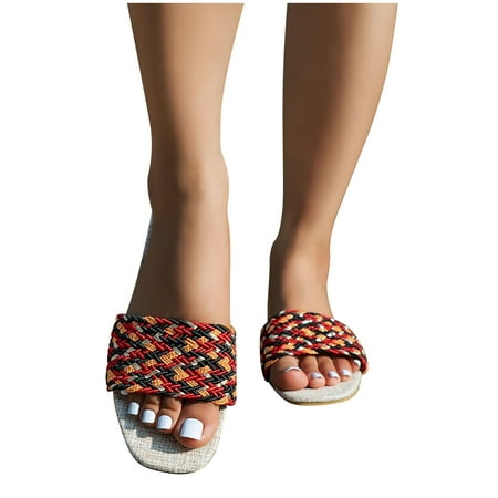 

Boho Slide Sandals for Women Girls Dressy Low Wedge Sandal Casual Open Toe Flat Sandals Summer Beach Slip on Sandals Platform Sandals