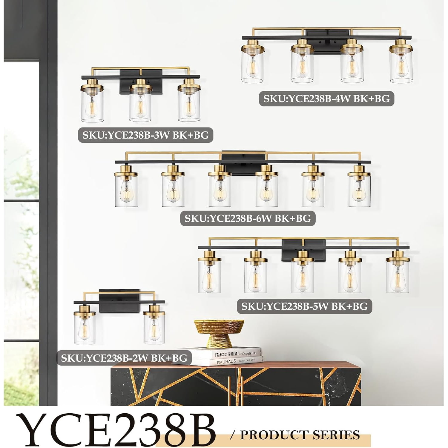 Emliviar 3 Light Bathroom Vanity Light Fixtures, Black and Gold Finish with Clear Glass, YCE238B-3W BK+BG