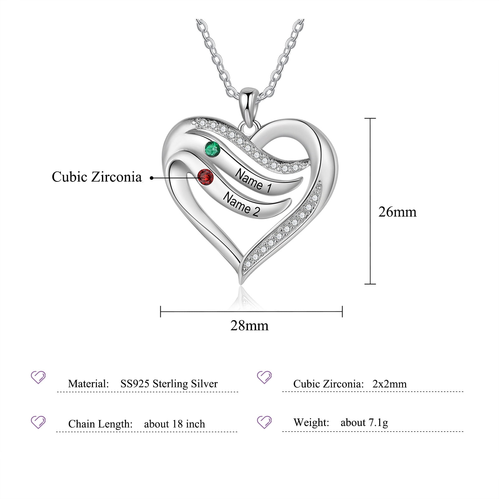 Mementos Personalized Family Mother's (Women's) Necklace Sterling Silver with 2 Birthstones Names