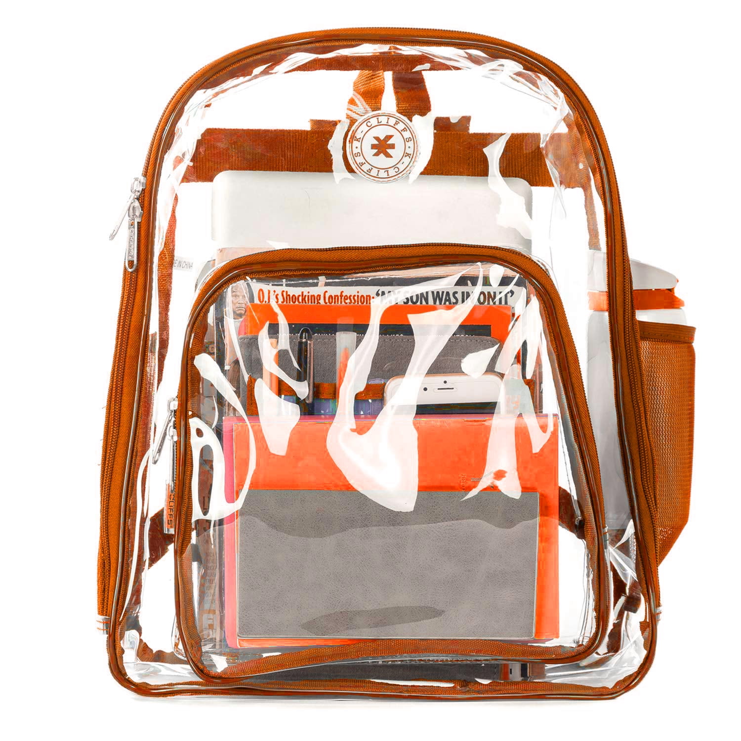 K-Cliffs 17" Clear Transparent PVC School Backpack in Orange Unisex  Teen-Adult