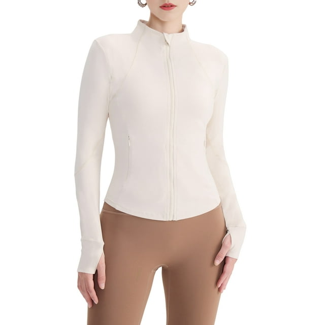 Womens Workout Jackets, Full Zip Slim Fit Athletic Running Sports Track Jacket with Creamy White M