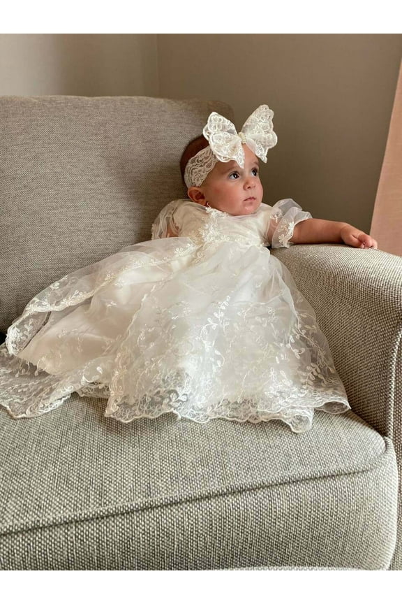 Baby Girls Sleeveless Baptism Dress Christening Gown with Bonnet and Bow Headband 6-12M Complete Set