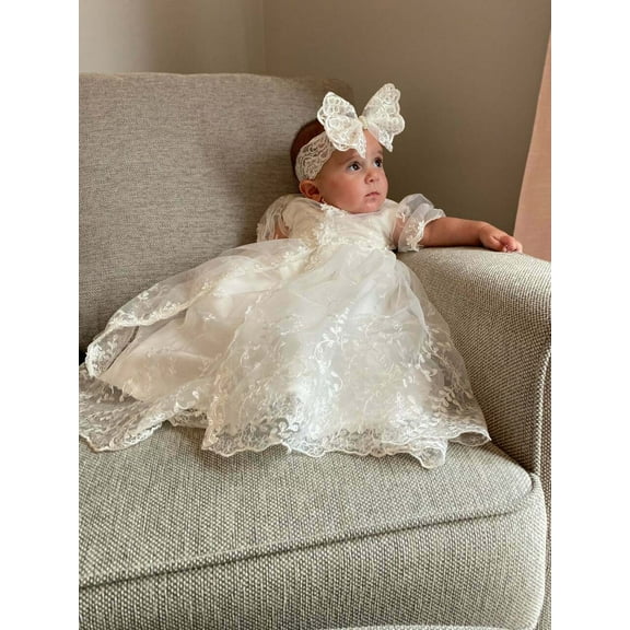 Baby Girls Sleeveless Baptism Dress Christening Gown with Bonnet and Bow Headband 6-12M Complete Set