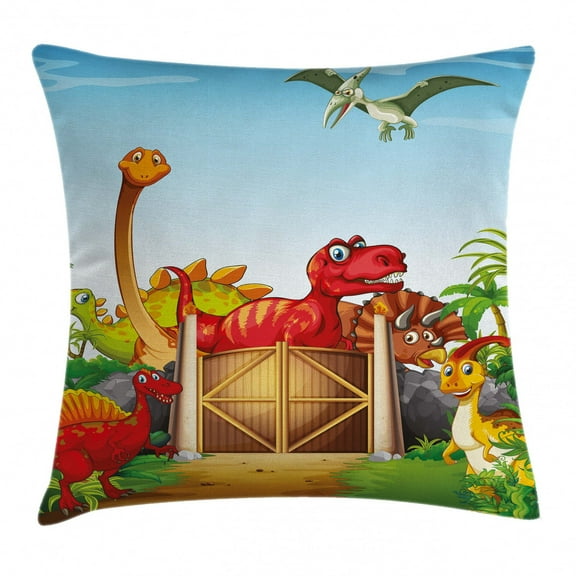 Ambesonne Kids Throw Pillow Cushion Cover, Cartoon Style Cute Dinosaurs in a Dino Park Jungle Trees Wildlife Habitat Illustration, Decorative Square Accent Pillow Case, 16 X 16 Inches, Multicolor