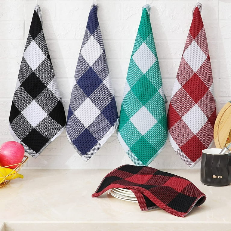 100% Cotton Waffle Weave Check Plaid Kitchen Towels, 13 x 28 Inches, Super  Soft and Absorbent Dish Towels for Drying Dishes, 4-Pack, White & Teal