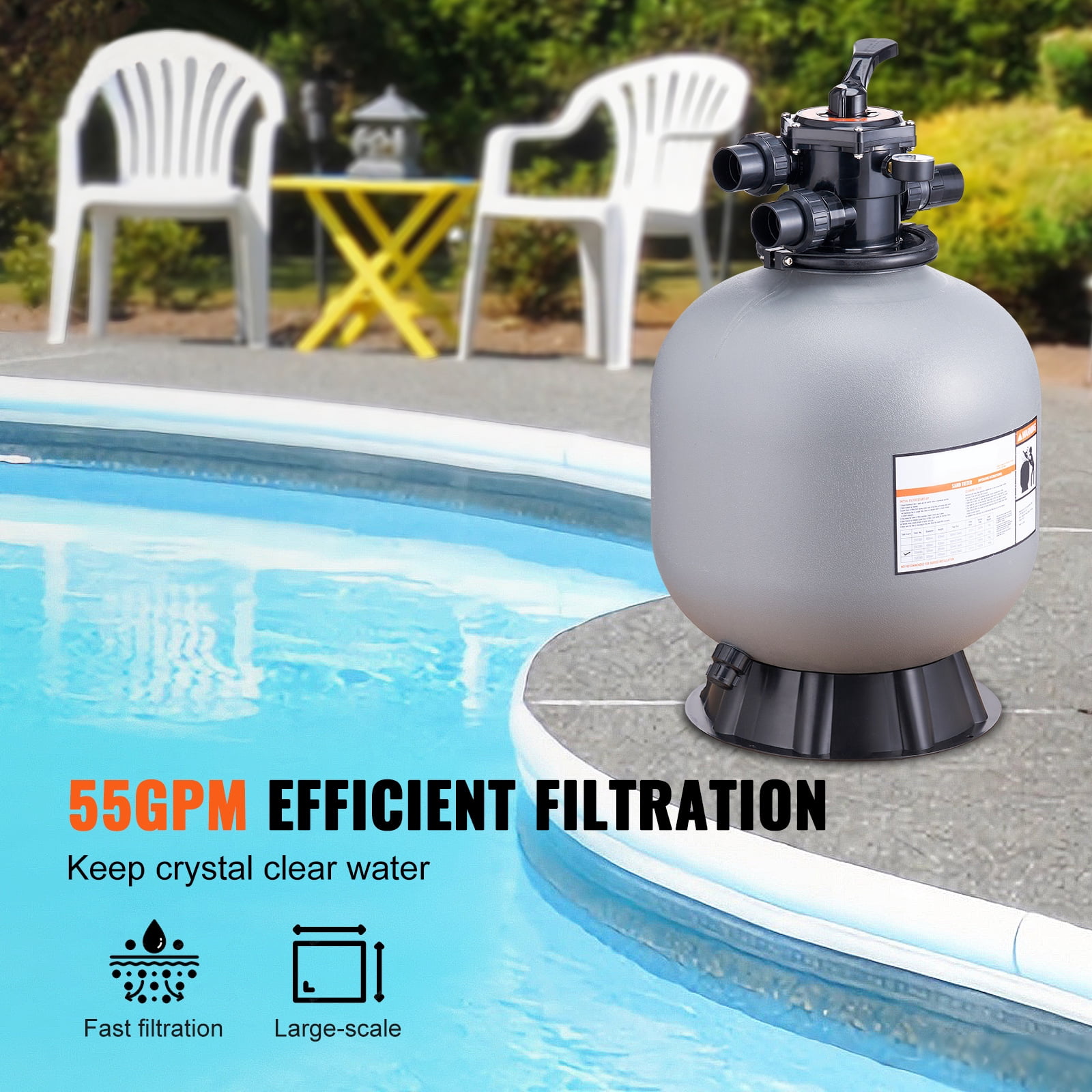 KFFKFF 22 inch Sand Filter, 55 GPM Filteration Device, Suitable for Above Ground and Inground Pools, Sand Filtration System with 7 Functional Multi-Port Valve