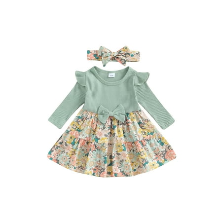 

Suealasg Baby Girl Fall Outfit 6M 1T 2T 3T Long Sleeve Floral Print A-line Dress+Headband 2Pcs Toddler Girls Adorable Clothes Set