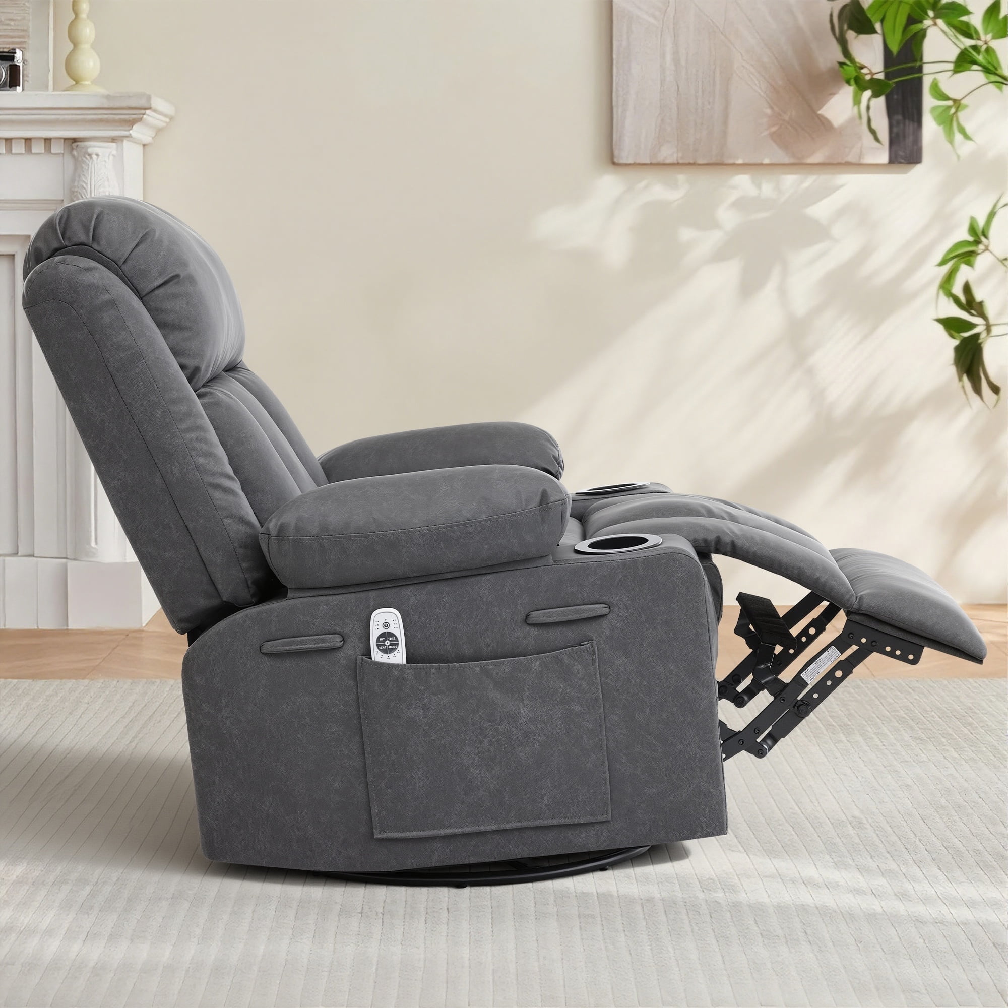 GAOHAPY Rocker Recliner Chair with Heat and Massage,360°Swivel Recliner Chair for Adults Elderly,Oversized Recliner Single Sofa Seat with 2 Cup Holders and Side Pocket(Grey)