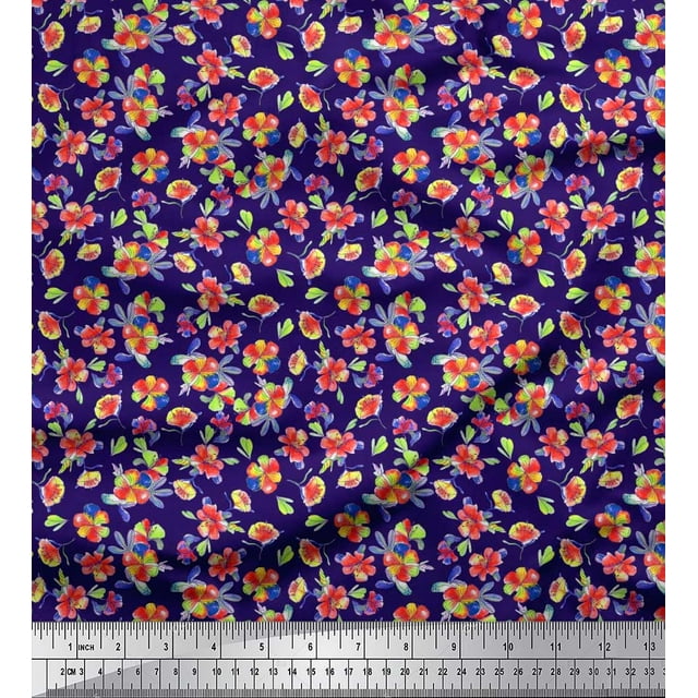 Soimoi Poly Georgette Fabric Leaves & Floral Artistic Printed Fabric 1 Yard 52 Inch Wide