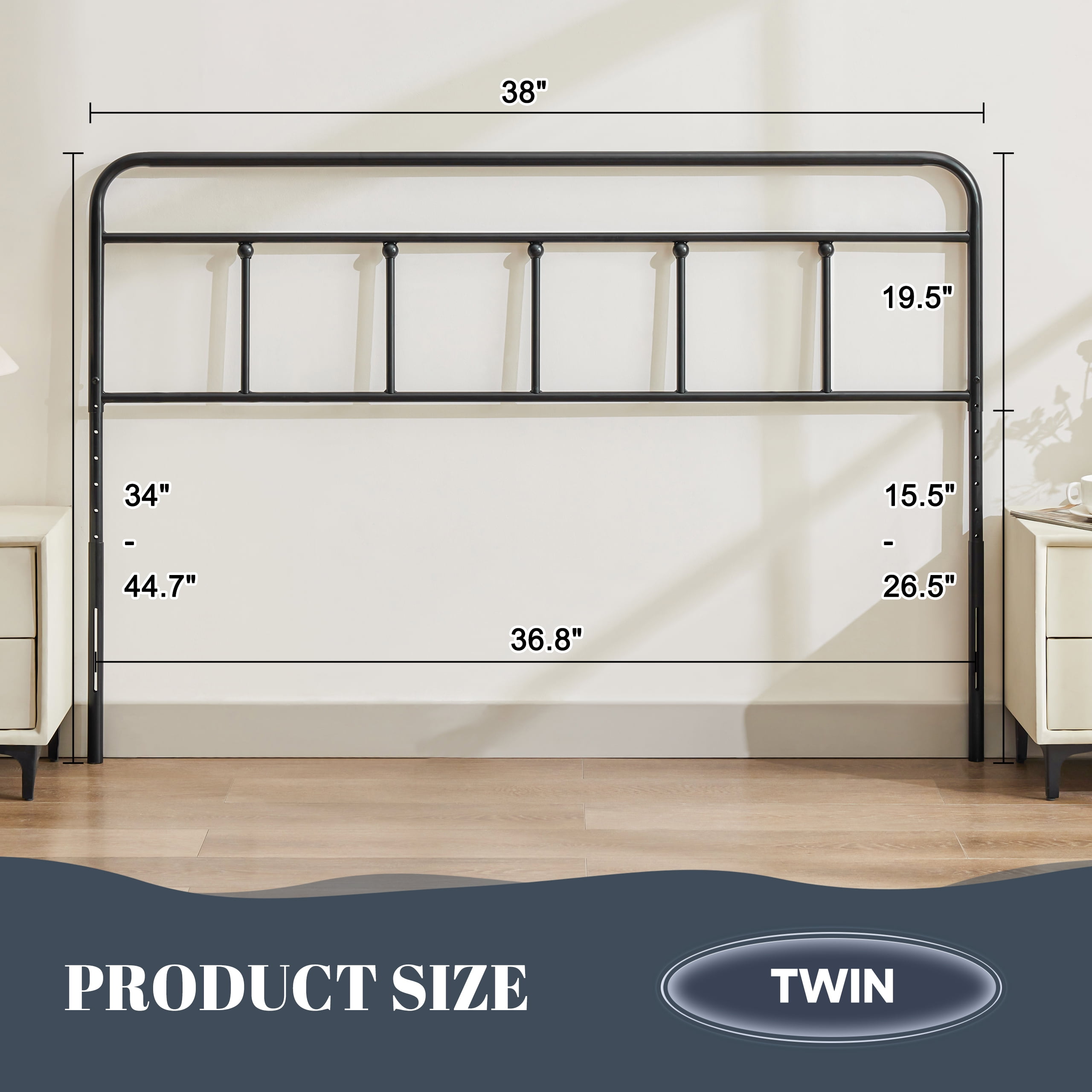 Huatean Twin Size Metal Headboard, Iron Head Board Adjustable Height from 34" to 44", Black