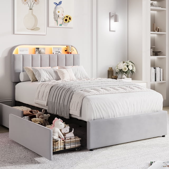 Bed Frame with Storage Headboard, Kids Bed Frame with 2 Drawers, Velvet Upholstered Platform Bed Frame with Lights, No Box Spring Needed, Easy Assembly