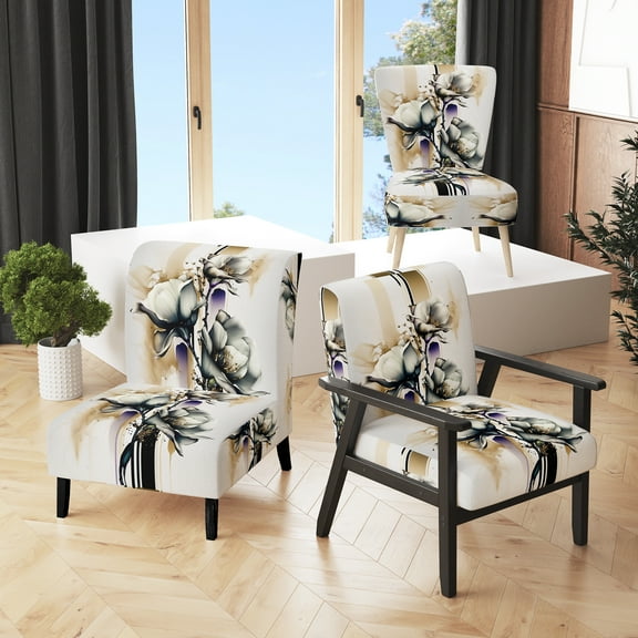Designart "White Orchid on Golden Beige Canvas I" White Floral & Botanical Upholstered Accent Chair - Traditional Arm Chair For Living Room