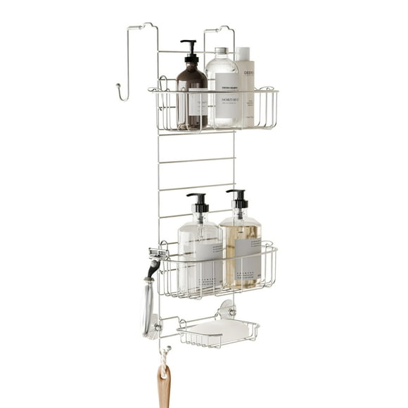 Zenna Home Caddy de Douche Suspendu sur la Porte de Douche, Étagère en Acier Inoxydable avec 2 Étagères et Crochets Intégrés, Organisateur de Salle de Bain pour l'Intérieur de la Douche, Acier Inoxydable