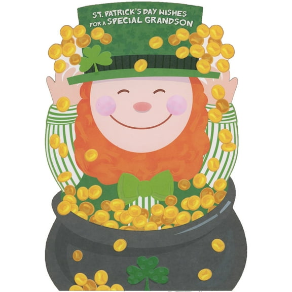 Designer Greetings Smiling Leprechaun Throwing Gold Coins from Pot in the Air Juvenile St. Patrick's Day Card for Grandson