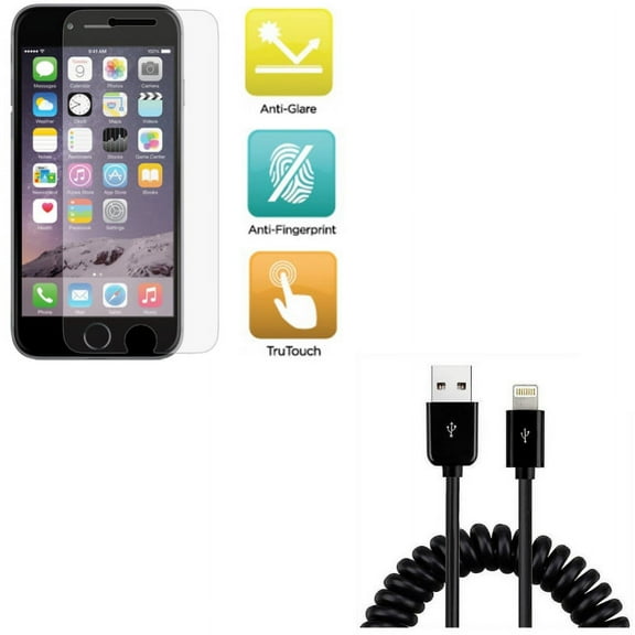 iPhone 8/7/6S/6 - Film TPU Screen Protector w Coiled USB Cable - Anti-Glare Anti-Fingerprint Matte, Charger Cord Power Sync Wire for iPhone 8/7/6S/6