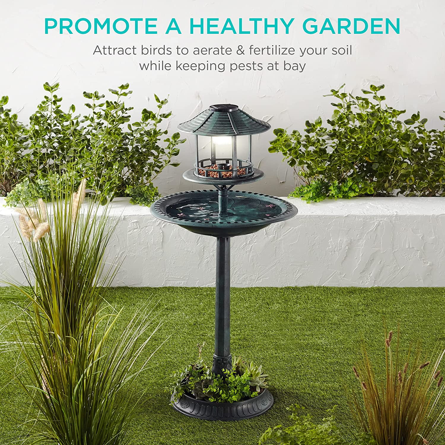 Solar Outdoor Bird Bath Vintage Resin Pedestal Fountain Decoration for Yard, Garden w/Planter Base, Feeder, Decorative Bird Cage, Fillable Stand - Green