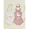 thumbnail image 3 of BemeyourBBs Newborn Baby Girl Summer Clothes Infant Baby Girl Duck Outfit Waffle Knit Ruffle Sleeveless Duck Embroidery Romper Bloomers Triangle Shorts Headband Sets, 3 of 9