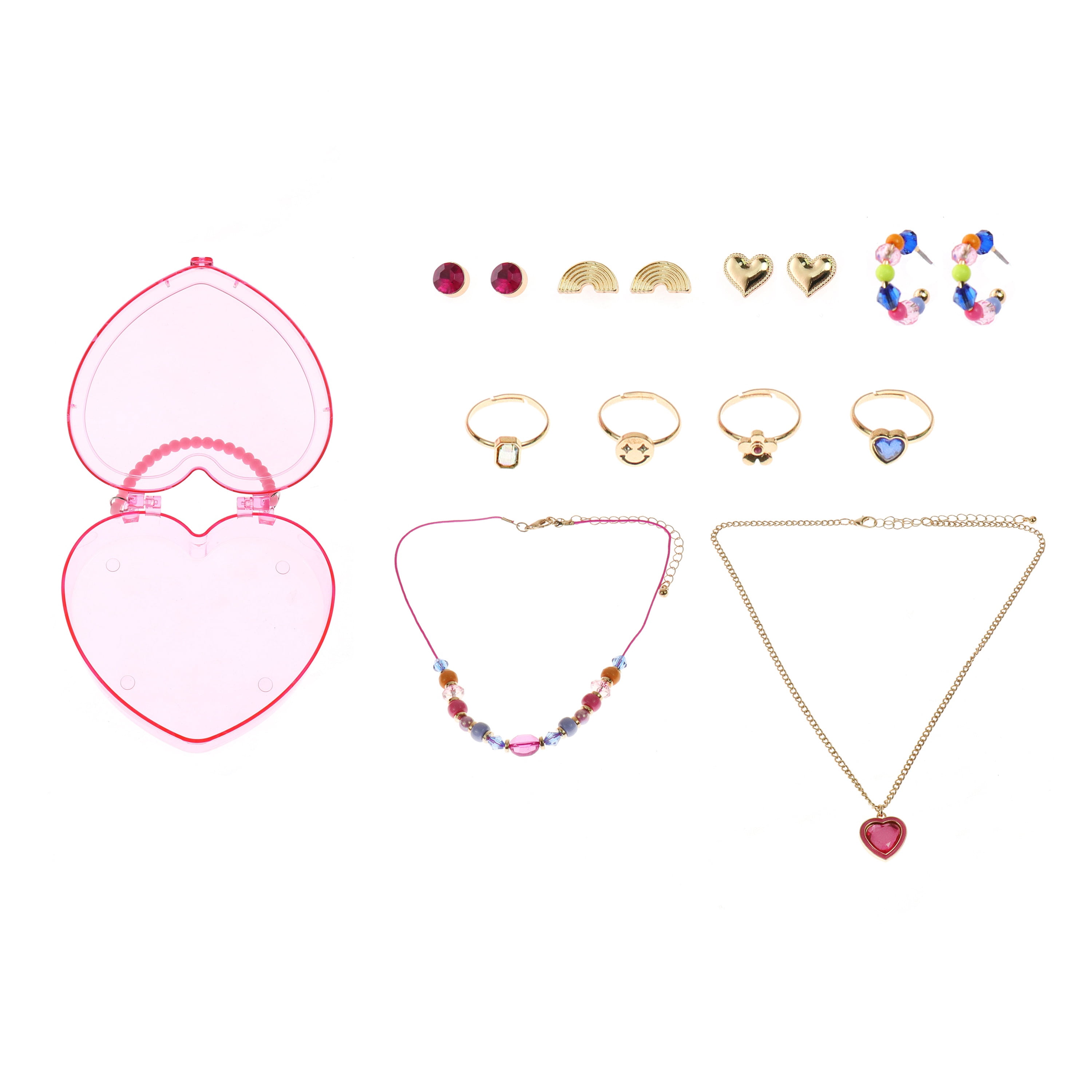Wonder Nation 10 Pack Jewelry Set in Heart Box with Necklaces, Earrings, and Rings (Girl's)