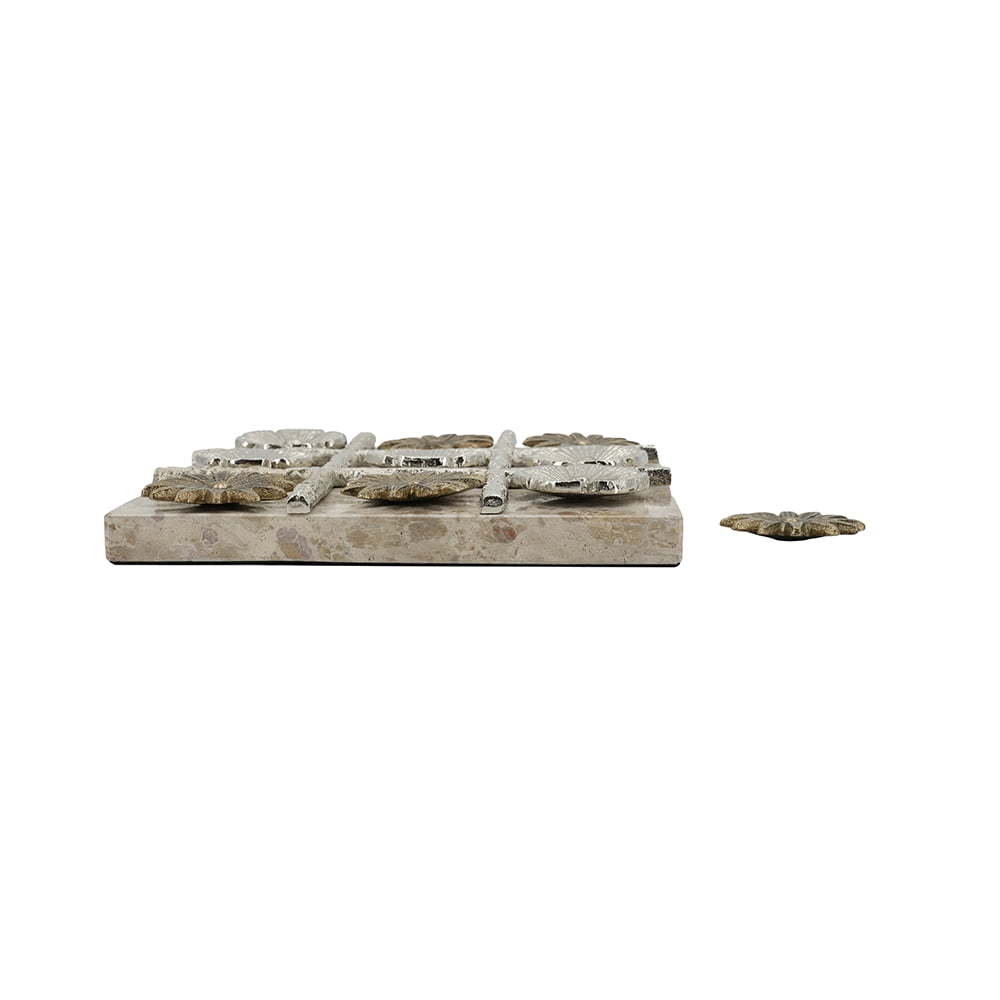 9x9" Floral TIC TAC TOE Game Set with Marble Base and Gold and Silver Finish, Luxury Coffee Table Decor Accent, Modern Glam Stone Game Set for Home or Office