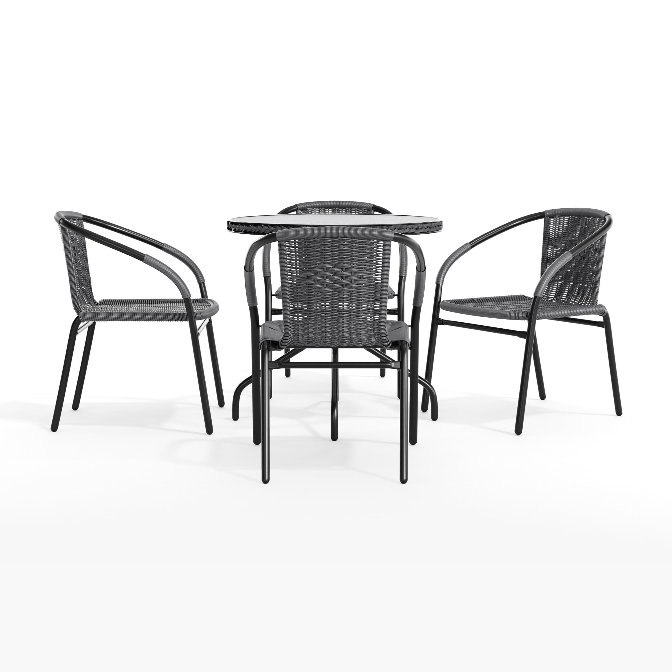 Flash Furniture 28'' Round Glass Metal Table with Gray Rattan Edging and 4 Gray Rattan Stack Chairs