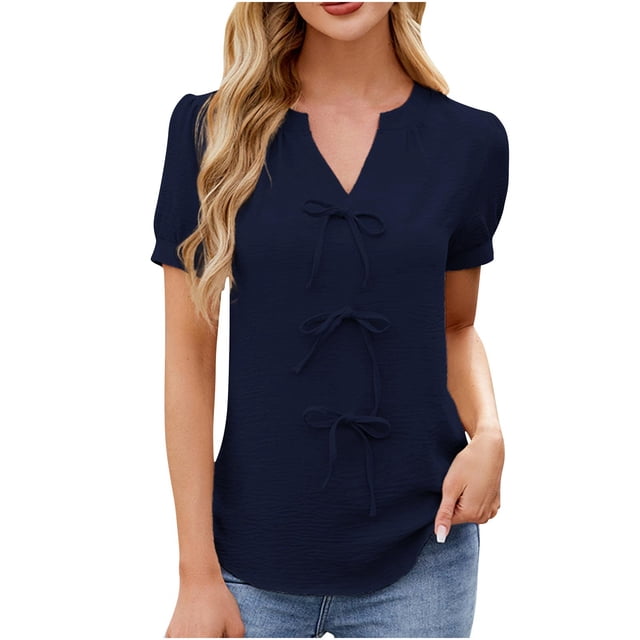 Tops de Color Sólido para Mujeres Manga Corta V-Cuello Correa Suéter Casual Top 95% Poliéster 5% Spandex, Nueva Blusa de Moda para el Uso Diario