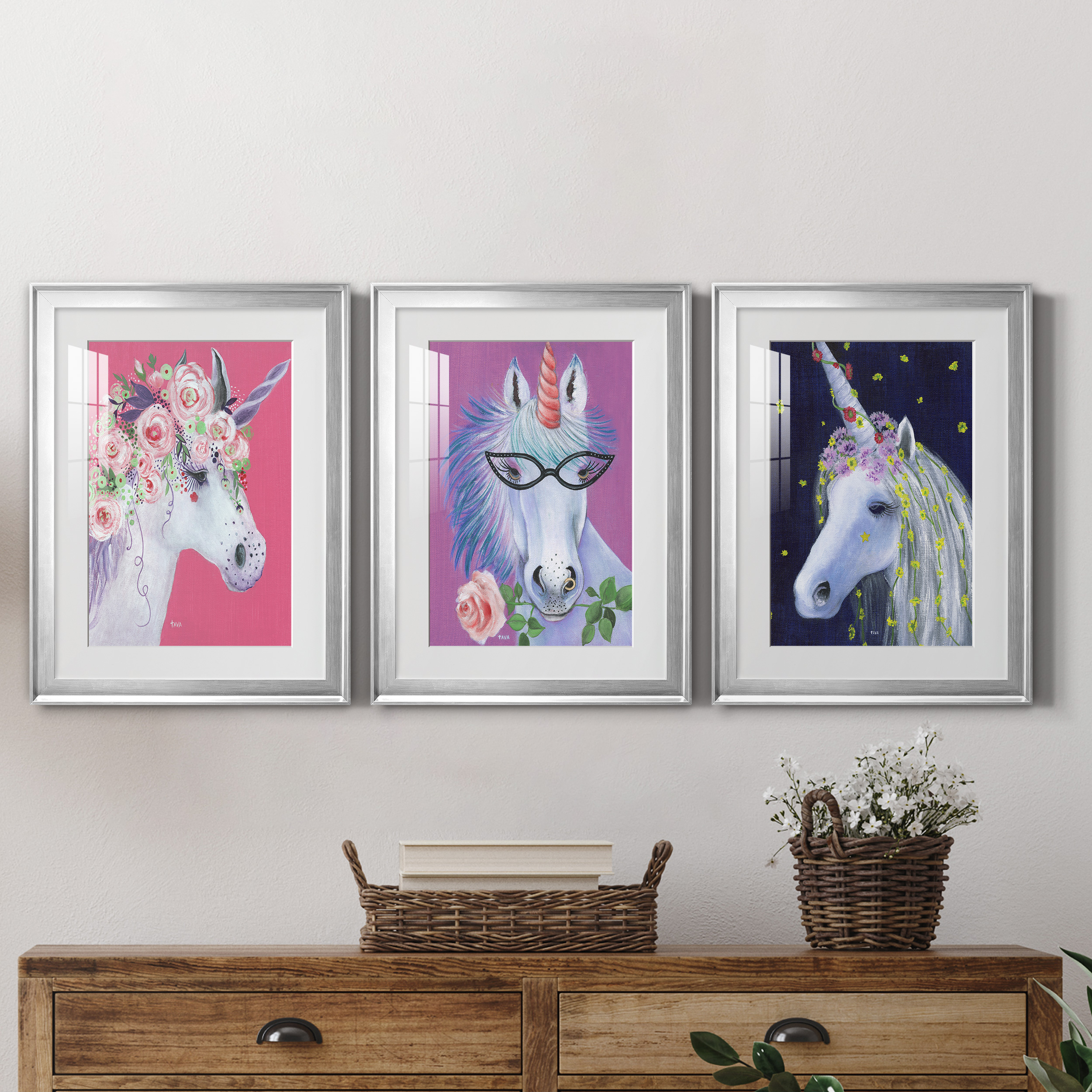 Unicorn II Premium Framed Prints Set of 3 - Ready to Hang - 18 x 24 Each - Silver Frame