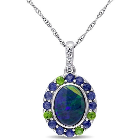 Tangelo 1-1/3 Carat T.G.W. Blue Opal, Tsavorite with Blue and White Sapphire 10kt White Gold Halo Pendant, 17