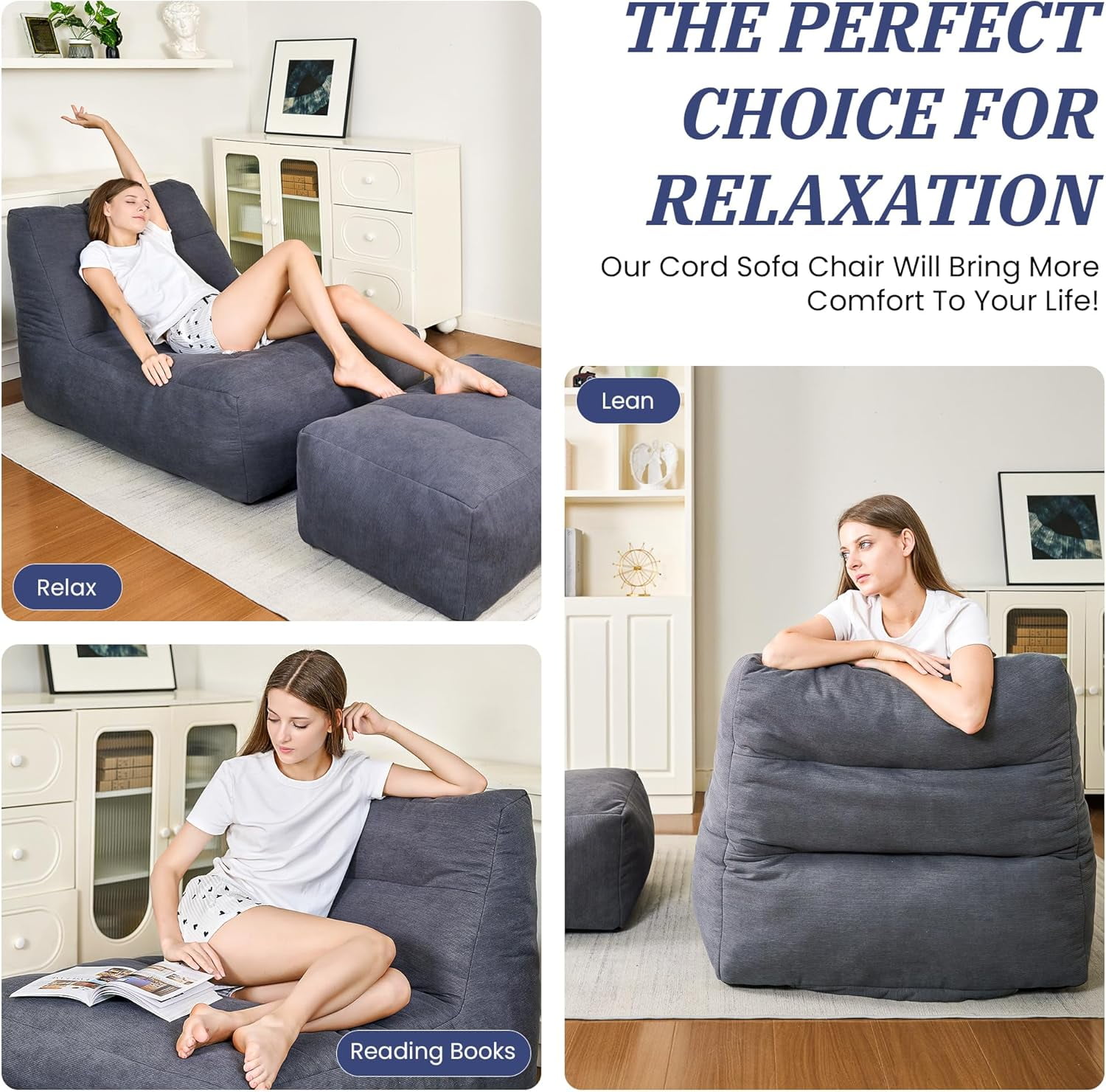 Bean Bag Chair with Ottoman, Giant Bean Bag Chairs for Adults with Memory Foam,  Bean Bag Sofa for Bedroom, Lounge Beanbag of Reading and Gaming with Filler Included(Gray)