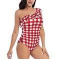 thumbnail image 3 of Easygdp Red Checkboard Women's One Shoulder Ruffle Monokini Bathing Suits with Removable Chest Pad, Quick Drying - XX-Large, 3 of 8