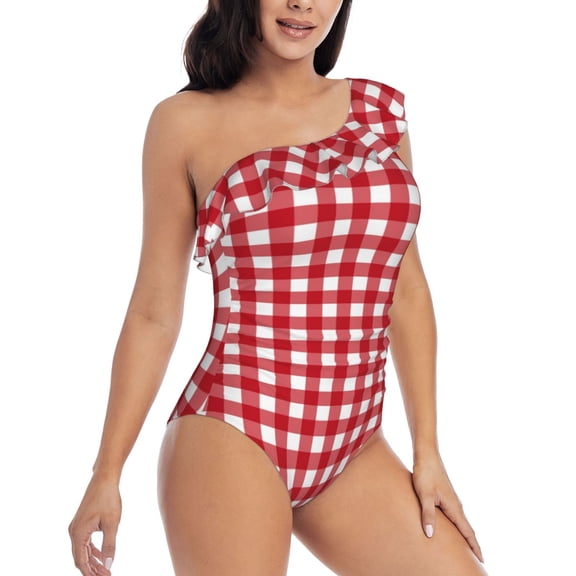 Picia Red Checkboard Pattern Women's One Piece Swimsuits,One Shoulder Swimwear Asymmetric ,Ruffle Monokinis Bathing Suits,High Waisted Flattering Bathing Suits-