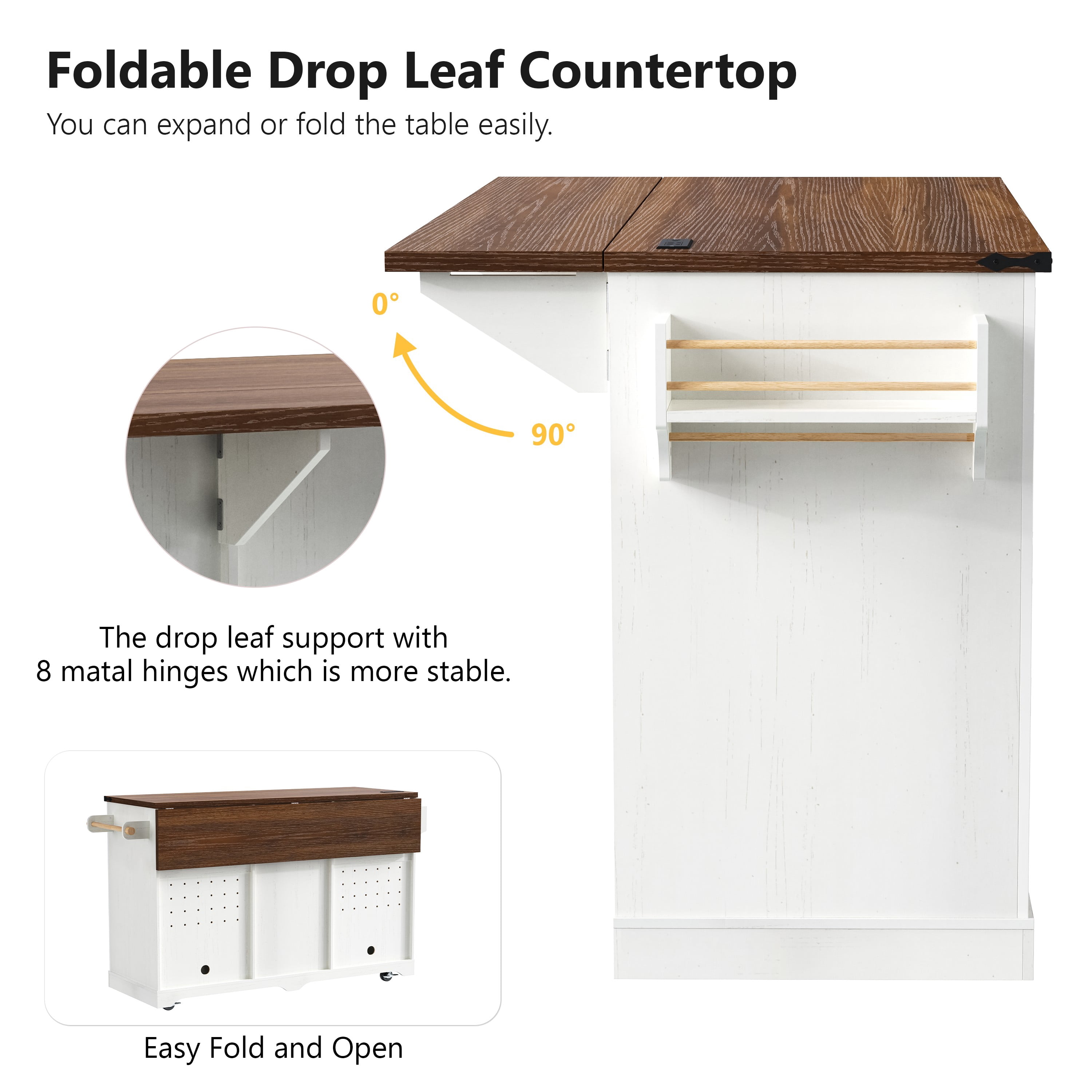 Aukfa 72" Farmhouse Kitchen Island with Fridge Space & Power Outlet, Rolling Storage Cart, White