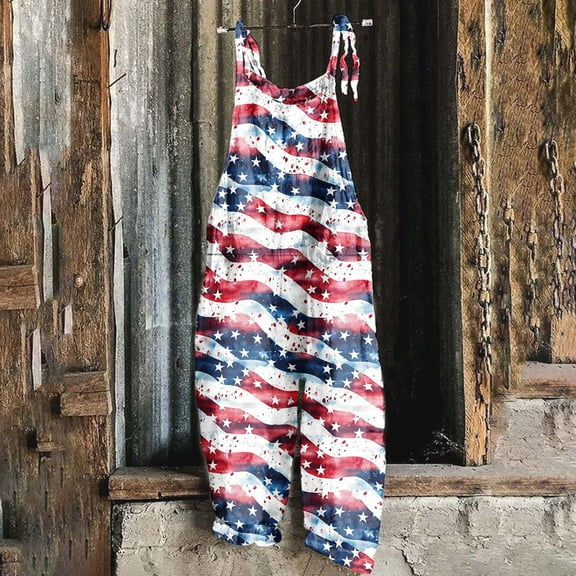 Up to 65% Off! Xuniizn Independence Day Jumpsuits for Women Summer Casual Loose Flag Printing Wide Leg Spaghetti Strap Round Neck Rompers with Pockets Breathable Holiday Overalls