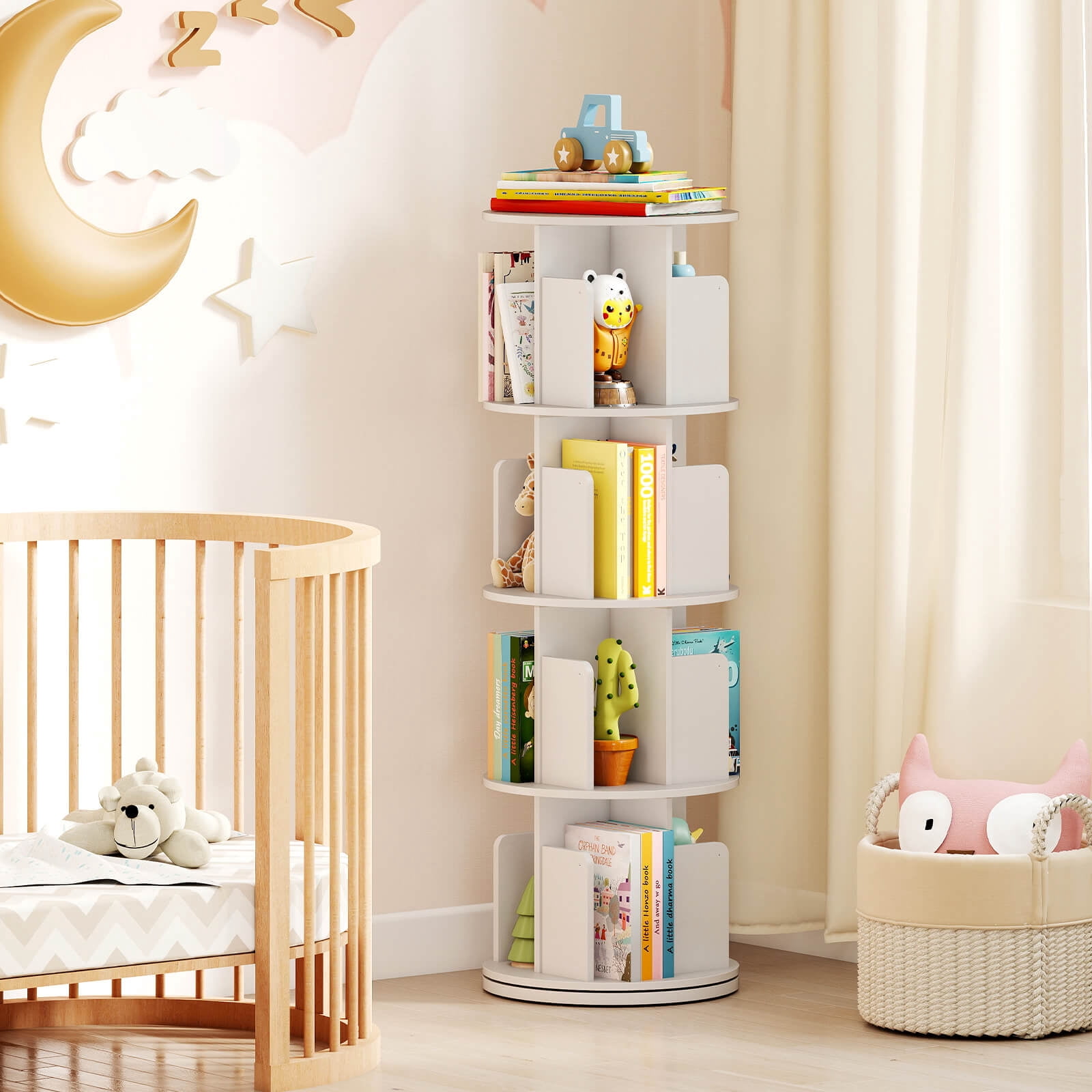 Costway 1 PCS 4-Tier Rotating Bookshelf 360° Display Rack with Dividers & Anti-falling Baffles White