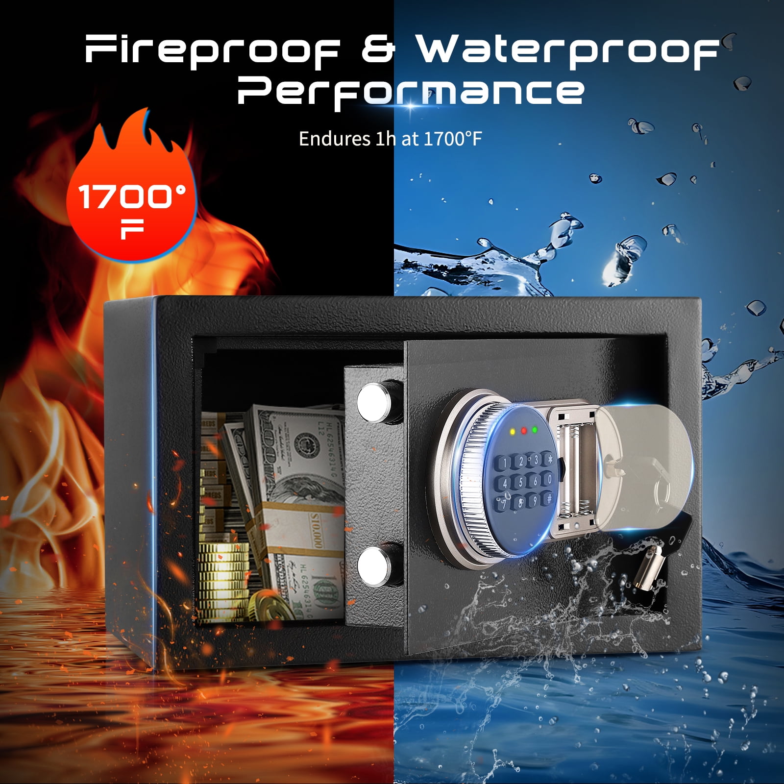 SRWTRCHRY 0.44 Cu.ft. Safes,Fire and Water Resistant Safe Box with Digital Keypad and Alarm System,H 7.87"