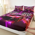 thumbnail image 4 of Castle Fairy Neon Race Car Trio Queen Sheet Sets 4 Pieces for Kids, Checkered Flag Art Bed Set for Bedroom, Red Purple, 4 of 6