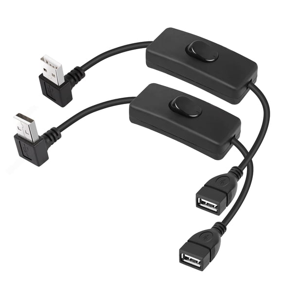 PNGKNYOCN Cable corto USB con interruptor de encendido/apagado, paquete de 2, 1 pie, 90 grados, ángulo hacia arriba y hacia abajo, USB A 2.0 macho a hembra, cable de interruptor de alimentación de dat