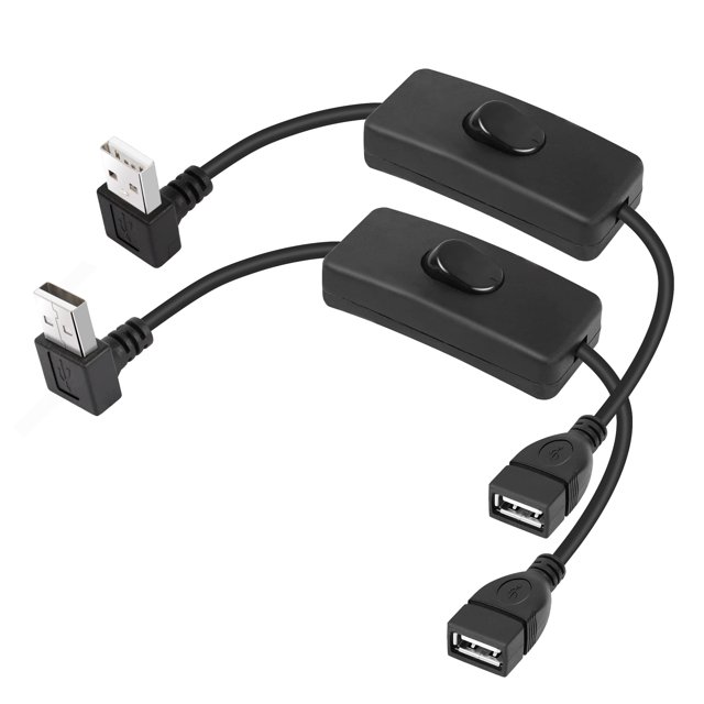 PNGKNYOCN Cable corto USB con interruptor de encendido/apagado, paquete de 2, 1 pie, 90 grados, ángulo hacia arriba y hacia abajo, USB A 2.0 macho a hembra, cable de interruptor de alimentación de dat