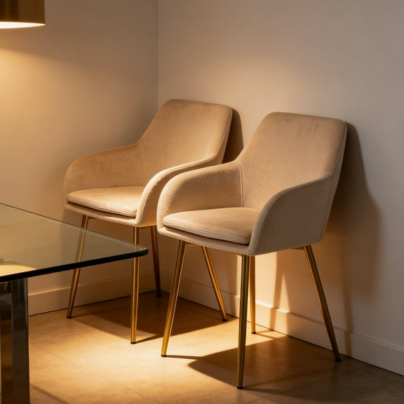 Velvet Dining Chair Set of 2, Modern Padded with Gold Metal Legs, for Dining Rooms Kitchens Vanity Tables Living Room, Easy Assembly, Beige