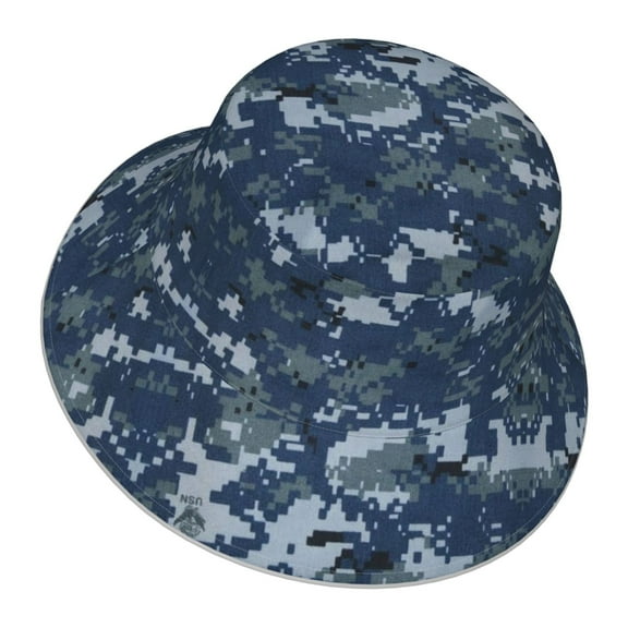 Unisex Navy Blue Digital Camouflage Bucket Hat Fisherman Cap Reversible Travel Sunhat With Reflective Stripe