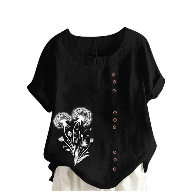 Vestidos Casuales Para Mujer, Blusas De Mujer De Moda Blusa informal de lino con botones y manga corta estampada para mujer