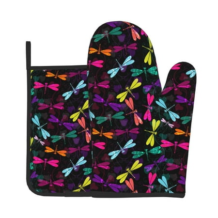 

Tebeau Colorful Dragonflies Print Oven Mitts and Pan Racks 2-Piece Set Kitchen Oven Mitts and Pan Racks Heat Resistant 500 °F for Baking and Cooking