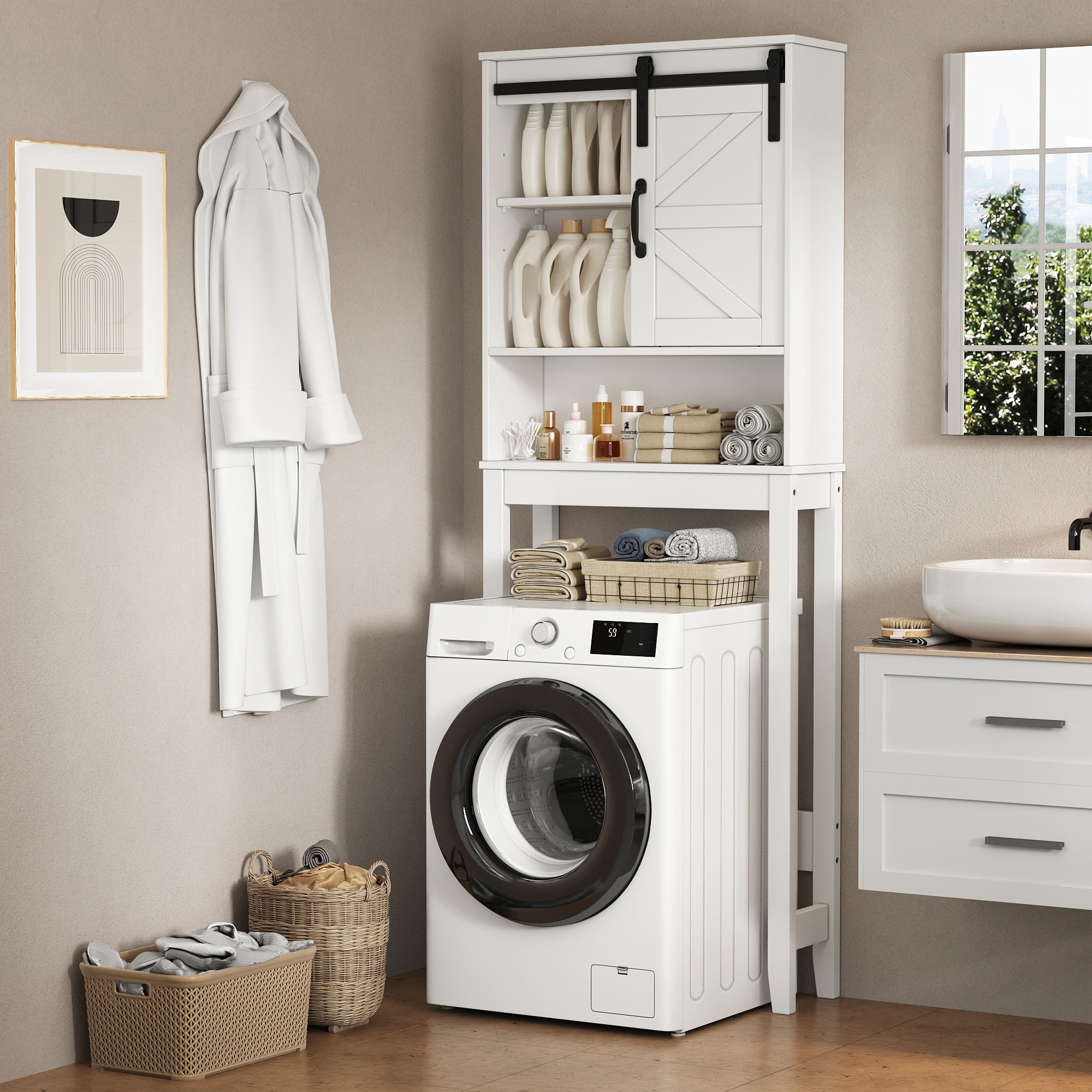 Over the Toilet Storage Cabinet, White Bathroom Shelf Organizer with Adjustable Shelf, Sliding Barn Door, Anti-Tipping Design, Waterproof for Bathroom/Laundry Room Organization