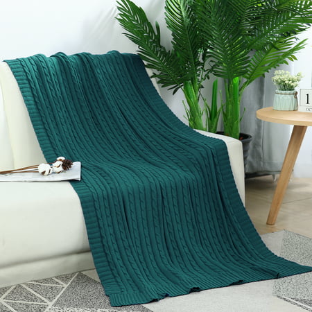 Cotton Blanket Decorative Cable Throw Knit Blankets Dark Green, 47