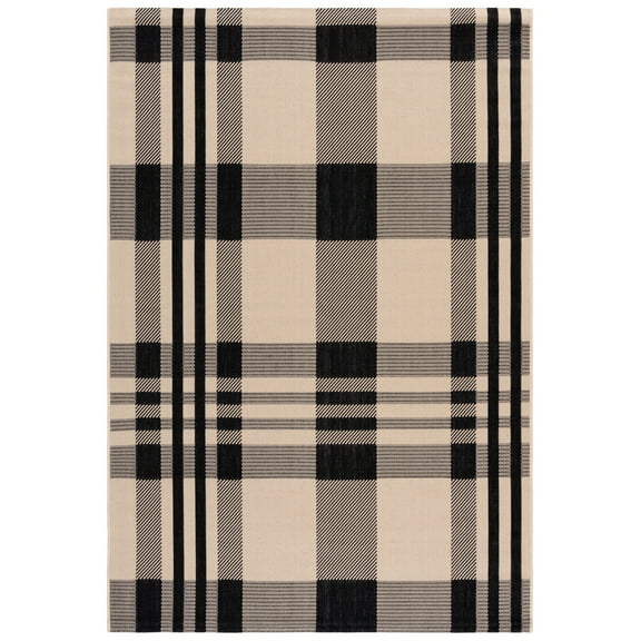 SAFAVIEH Courtyard Benjamin Plaid Indoor/Outdoor Area Rug, Black/Bone, 6'7" x 9'6"