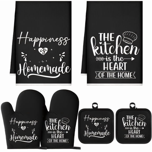 6Pcs Kitchen Baking Set, Farmhouse Style Kitchen Accessories, Includes 2 Dish Towels, 2 Pot Holders, 2 Oven Mitts, Black Kitchen Linen Sets Perfect for Cooking, Baking, Mother’s Day Gifting
