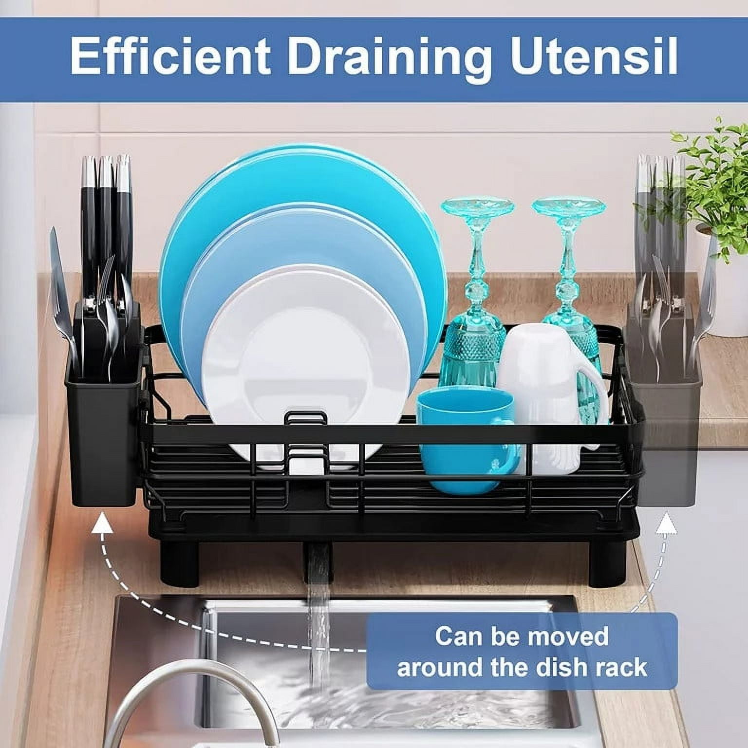 Dish Rack Dish Drainers for Kitchen Counter, Dish Drying Rack Drain Set with Utensil Holder, Drain Board Set with Drainage, Kitchen Dishes Storage and Organizers