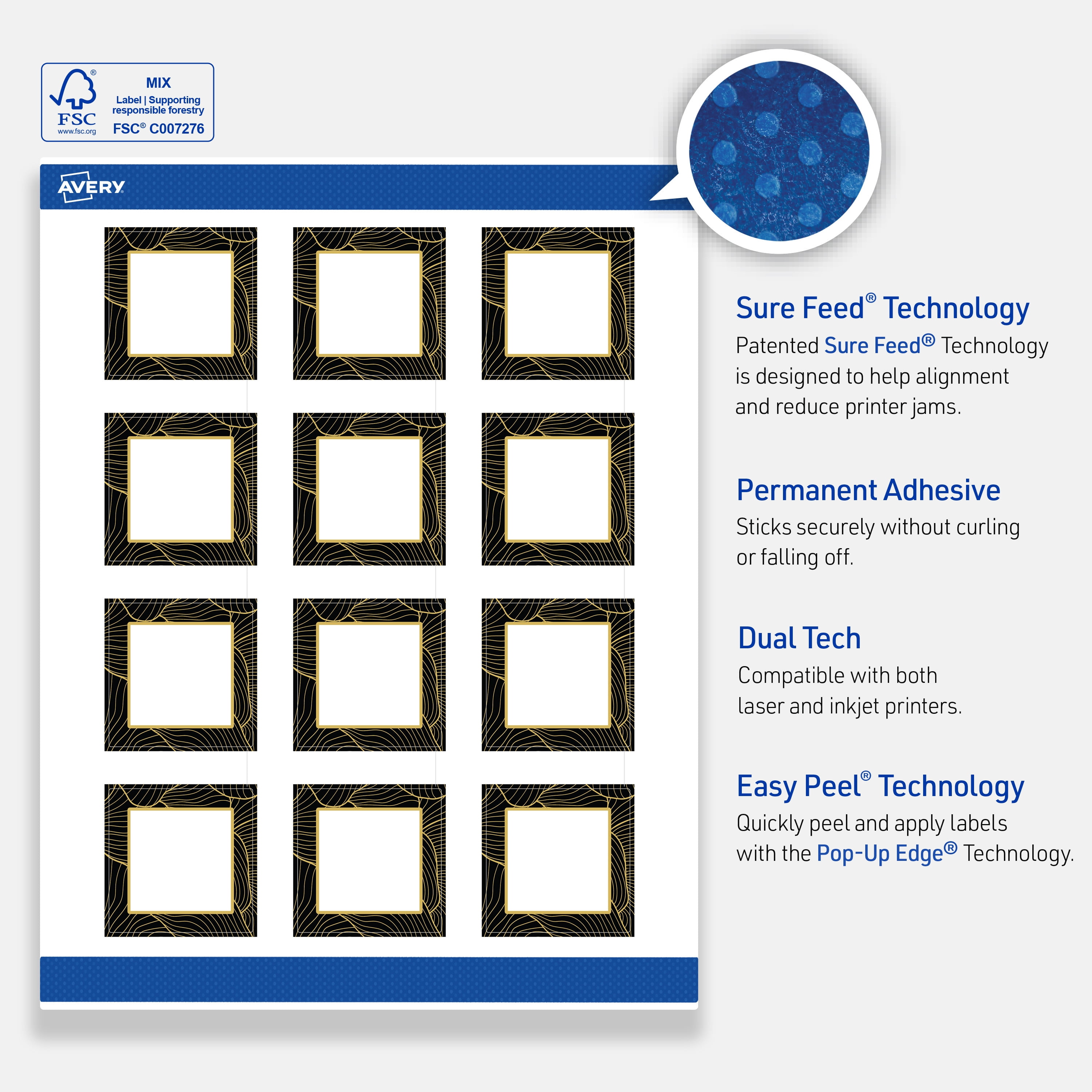 Avery Labels, 2" x 2", Matte White, Black Border/Gold Veins