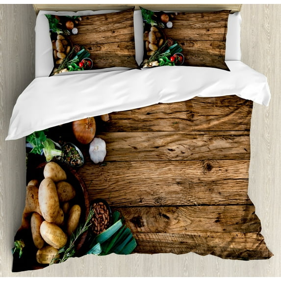 Harvest Duvet Cover Set Queen Size, Vegetables on Wooden Table Healthy Options Organic Food Herbs and Spices Seasonal, Decorative 3 Piece Bedding Set with 2 Pillow Shams, Brown Green, by Ambesonne